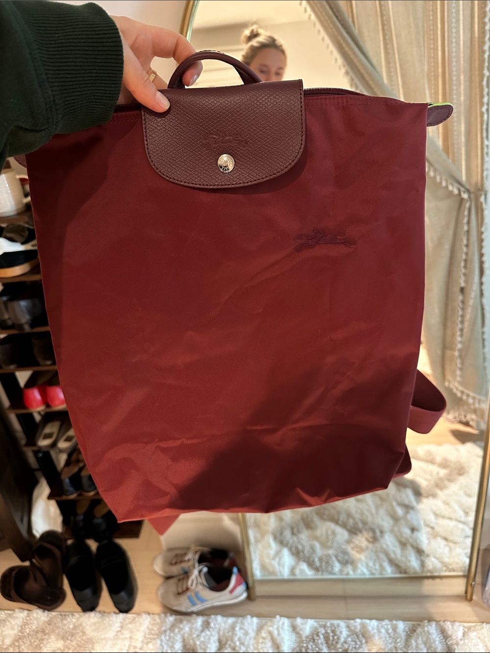 Longchamp Maroon Nylon Le Pliage Backpack with Leather Flap